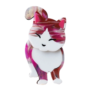 Cute cartoon calico cat brooch in acrylic with colorful marble texture for unisex fashion
