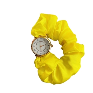 Creative yellow fabric scrunchie watch for women with golden LED glowing dial and numbers