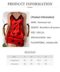 Detailed size guide for red heart print satin nightgown with black lace V-neck