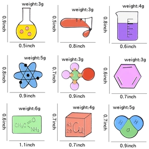 Cartoon chemistry enamel pins set featuring lab beakers and molecular formulas icons