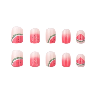 Short watermelon press-on nails with pink gradient and green fruit patterns