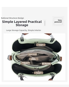 Internal structure detail of a color-block handbag with multi-layered storage pockets