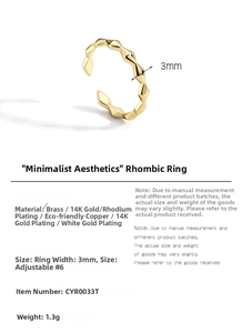 Detail view of 3mm geometric rhombic gold ring with adjustable size and material specs