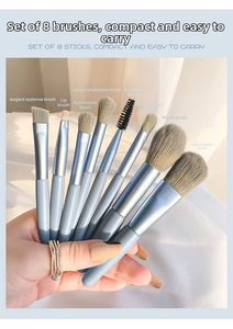 Close-up of 8-piece sky blue makeup brush set including powder, blush, and eyeshadow brushes