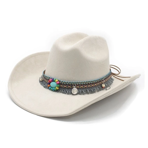 Ethnic style beige suede cowboy hat with colorful beads, metal coins and fringe tassels
