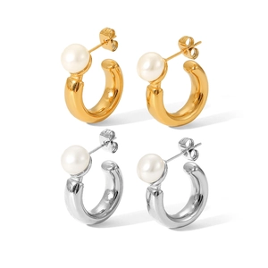 C-shaped stainless steel earrings with white pearls in gold and silver finish