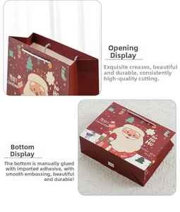 Detail of red Christmas paper gift bag showing reinforced handle and sturdy flat bottom