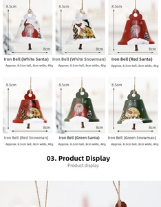 Detail of metal Christmas bell ornaments featuring hand-painted Santa and Snowman motifs