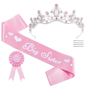 Big Sister Party Accessory Rhinestone Alloy Crown Tiara Satin Sash And Rosette Badge For Baby Shower Celebration