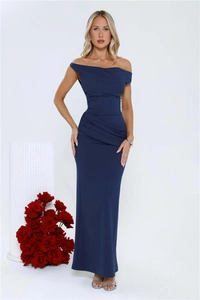 Detail of ruched waist and elegant asymmetrical shoulder on navy blue evening dress