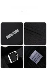 Macro detail of black polyester fabric, silver metal logo plate, and precise stitching