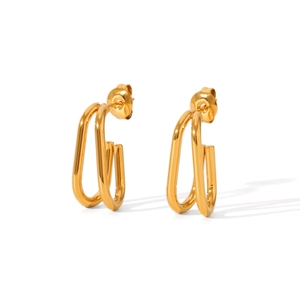 Detailed macro view of gold-plated stainless steel double loop U-shaped earrings