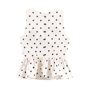 Polka dot sleeveless top for women with ruffled hem and back zipper in beige
