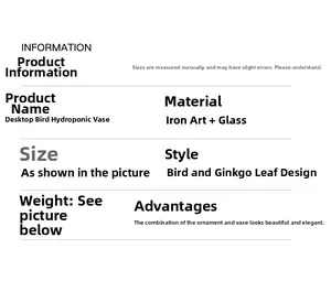 Detailed material specifications for iron and glass ginkgo leaf bird hydroponic vase