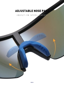 Close-up of adjustable blue rubber nose pads with built-in steel on sports sunglasses