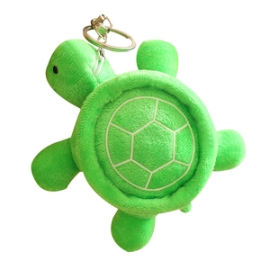 Luminous green turtle plush keychain with soft fabric and silver metal ring clasp