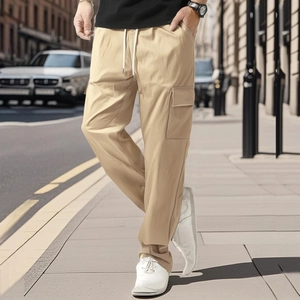 Men's khaki straight-leg cargo pants with drawstring waist and pockets in street style