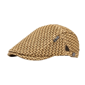 Breathable brown woven ivy cap for men with a vintage herringbone texture and metal badge