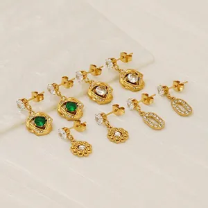 Hollow Geometric Stainless Steel Earrings With Zircon Rhinestone Inlay Gold Plated Vintage Fashion Jewelry For Women