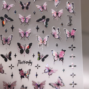 Autocollants à ongles papillons laser rose et noir avec motifs floraux holographiques