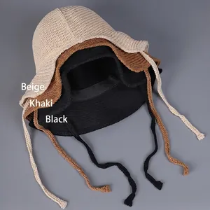 Women's thin breathable knitted sun hat with back ties in beige, khaki and black