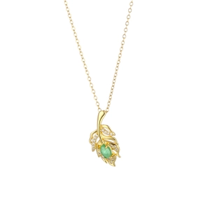 Elegant gold leaf necklace featuring a green gemstone and sparkling zircon accents