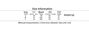 Size chart for velvet jacket showing detailed measurements in centimeters for S M and L