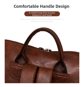 Detail of the comfortable dark brown leather handle and silver zipper on the backpack