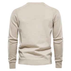 Back view of men's beige round neck knit sweater featuring ribbed hem and cuffs