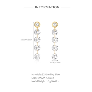 Detailed size chart for golden 925 sterling silver tassel earrings with AAAAA+ zircon stones