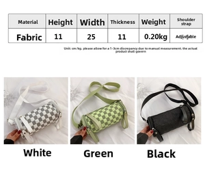 Size chart for cylinder crossbody bag showing dimensions and checkered fabric options