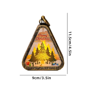 Vintage bronze Christmas lantern with colorful tree scene and Merry Christmas text