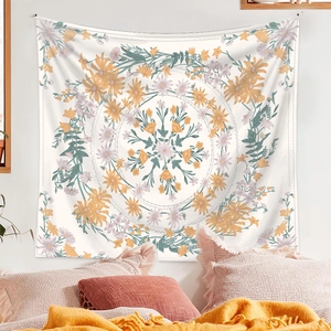 Bedroom wall decor featuring a mandala tapestry with daisies and purple floral patterns