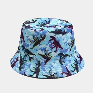 Dettaglio del motivo a dinosauro cartone animato sul tessuto azzurro del cappello