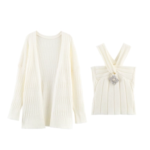 Women Knit Cardigan And Halter Tank Top Polyester Ribbed Rhinestone Decor Casual Loungewear Elegant Streetwear