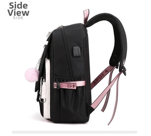 Side view of student backpack featuring side charging port and pink plush charm accessory