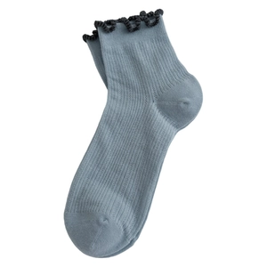 Light blue crew socks featuring black lace trim and vertical knit mesh texture