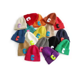 Unisex Acrylic Knit Beanie Hat With Vintage C Letter Patch Warm Soft Ribbed Cuff Winter Skull Cap For Men Women Casual Accessory