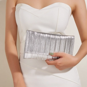 Pleated Evening Clutch Bag Metallic PU Leather Rectangular Handbag With Metal Chain Party Wedding Banquet Women