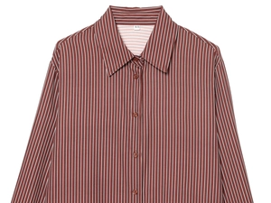 Detail of burgundy vertical striped silk shirt showing collar, buttons, and XS size label