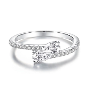S925 sterling silver open ring featuring two pear-cut moissanite stones in crown design