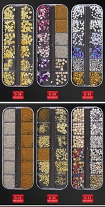 Detailed macro view of 12-grid nail art storage boxes featuring mixed rivets and pearls