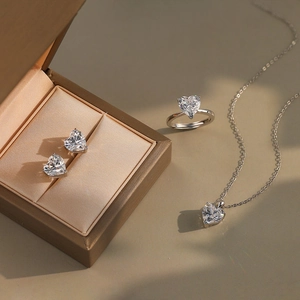 Elegant 925 sterling silver heart jewelry set with clear zircon studs ring and necklace
