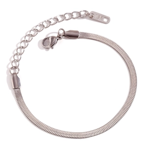 Detailed view of silver snake bone chain bracelet with lobster clasp and extension link