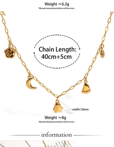 Detail showing dimensions and 8g weight of golden penguin and rose necklace