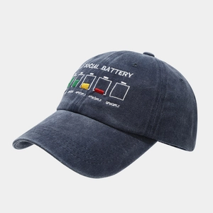 Close-up of navy washed cotton baseball cap with social battery embroidery detail