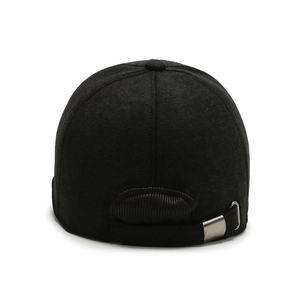 Rear view of black wool baseball cap for men with adjustable silver metal buckle