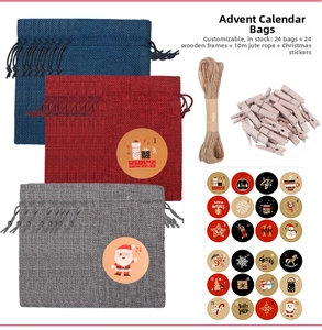 Detail of Christmas advent calendar kit with burlap bags, wooden clips and number stickers