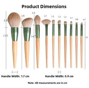 Detailed size chart for 10-piece makeup brush set with precise length measurements