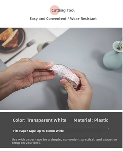 Close-up of portable clear plastic tape cutter for 16mm wide washi tape rolls